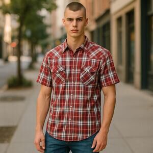 HIGH NOON Men's Short Sleeve Pearl Snap Plaid Shirt - Size XL